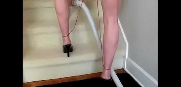  Big stretched pussy woman hoovering the stairs